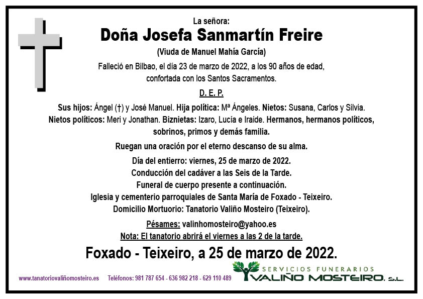 Esquela de Josefa Sanmartín Freire.